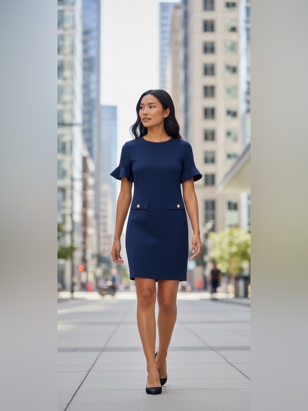 Tommy Hilfiger, Navy Blue A-Line Midi Dress with Ruffle Sleeves, size 12